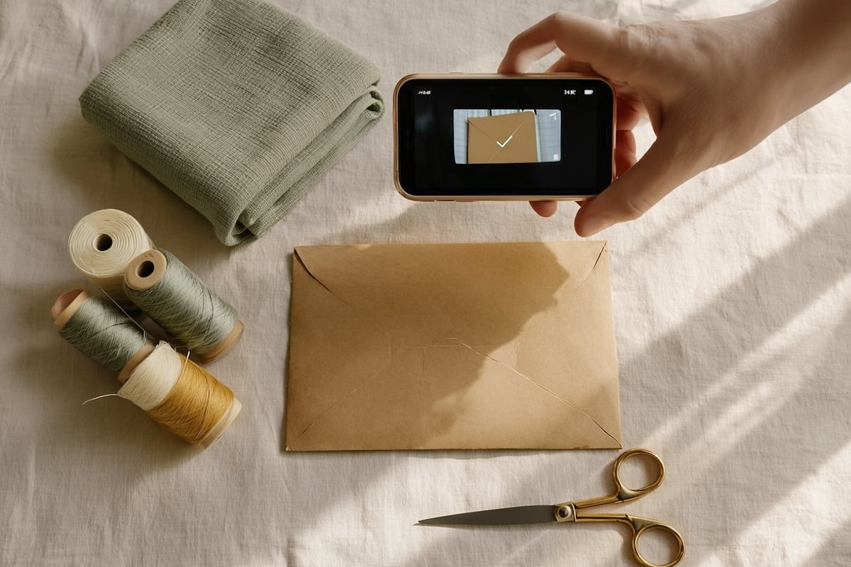 A hand holds a phone over a sewing pattern envelope, the envelope framed on screen with a checkmark as it is scanned in
