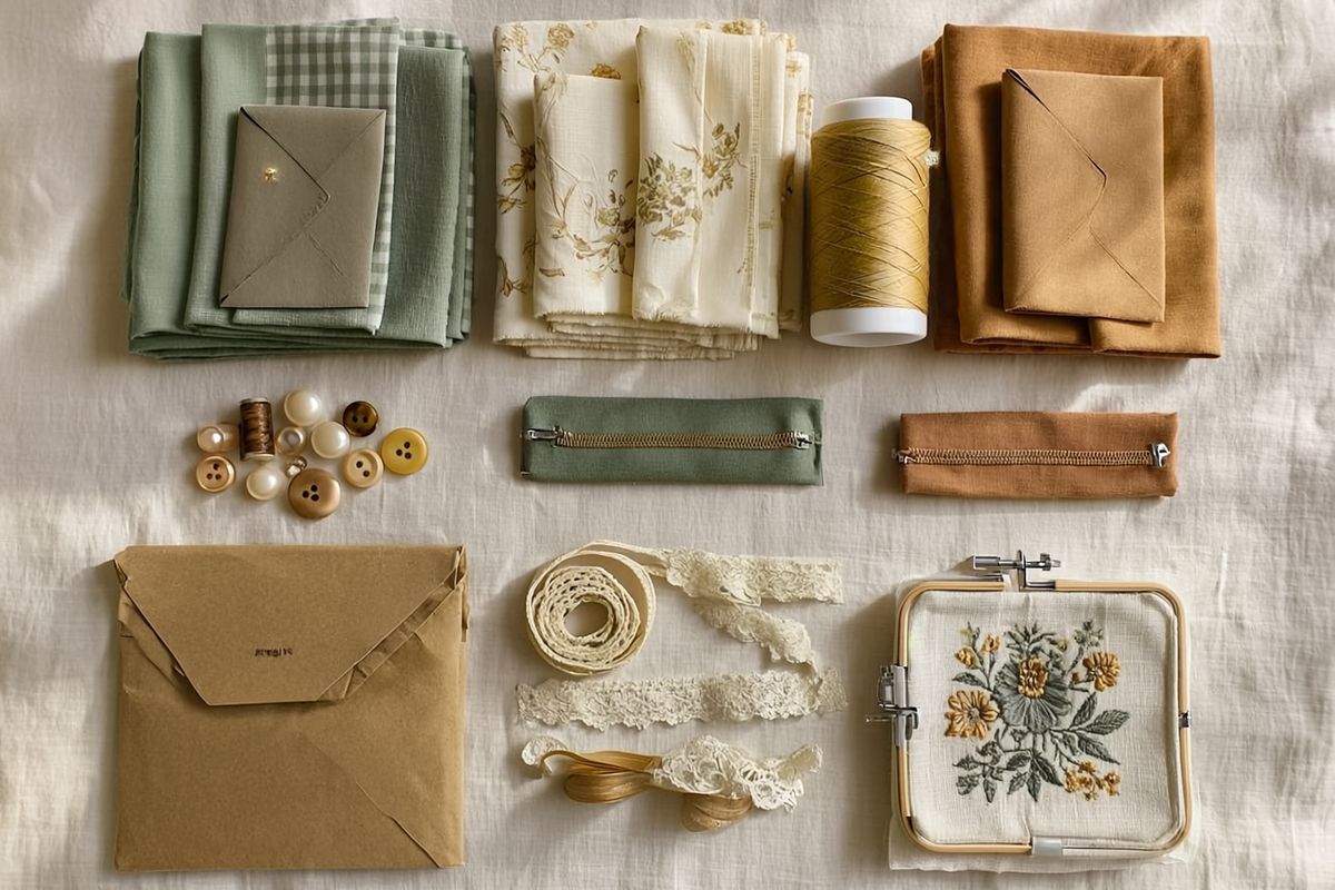 A sewing stash laid out in a tidy grid: folded fabrics by color, thread, buttons, zippers, lace, a pattern envelope and an embroidery hoop