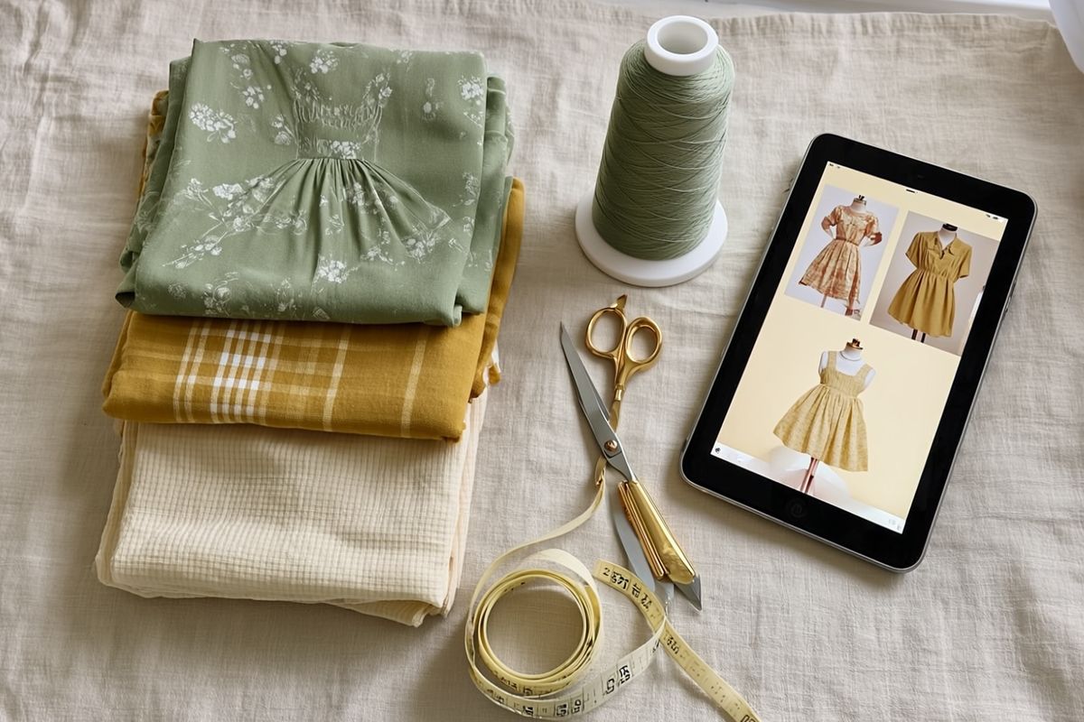Three stash fabrics beside a tablet showing garment ideas made from those same fabrics