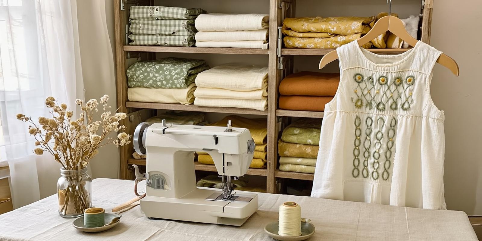A bright home sewing studio with fabric sorted by color on wooden shelves, a sewing machine, and a smocked white dress on a hanger